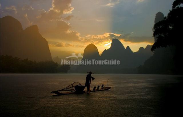 Guilin Li River and Fishermen with His Bamboo Raft